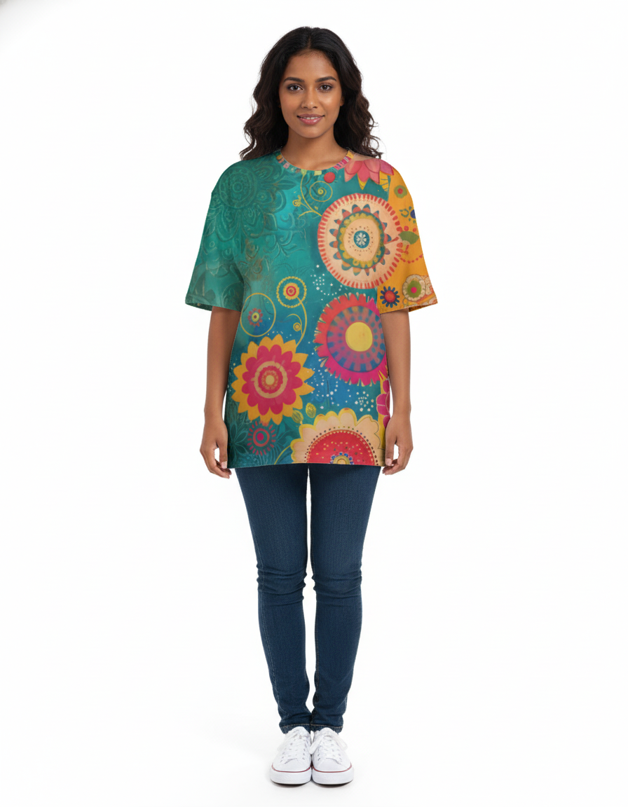 Unisex AOP Oversized Tee Teal Meets Marigold